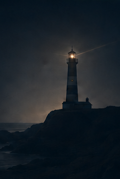 Lighthouse illuminating a dark coastline