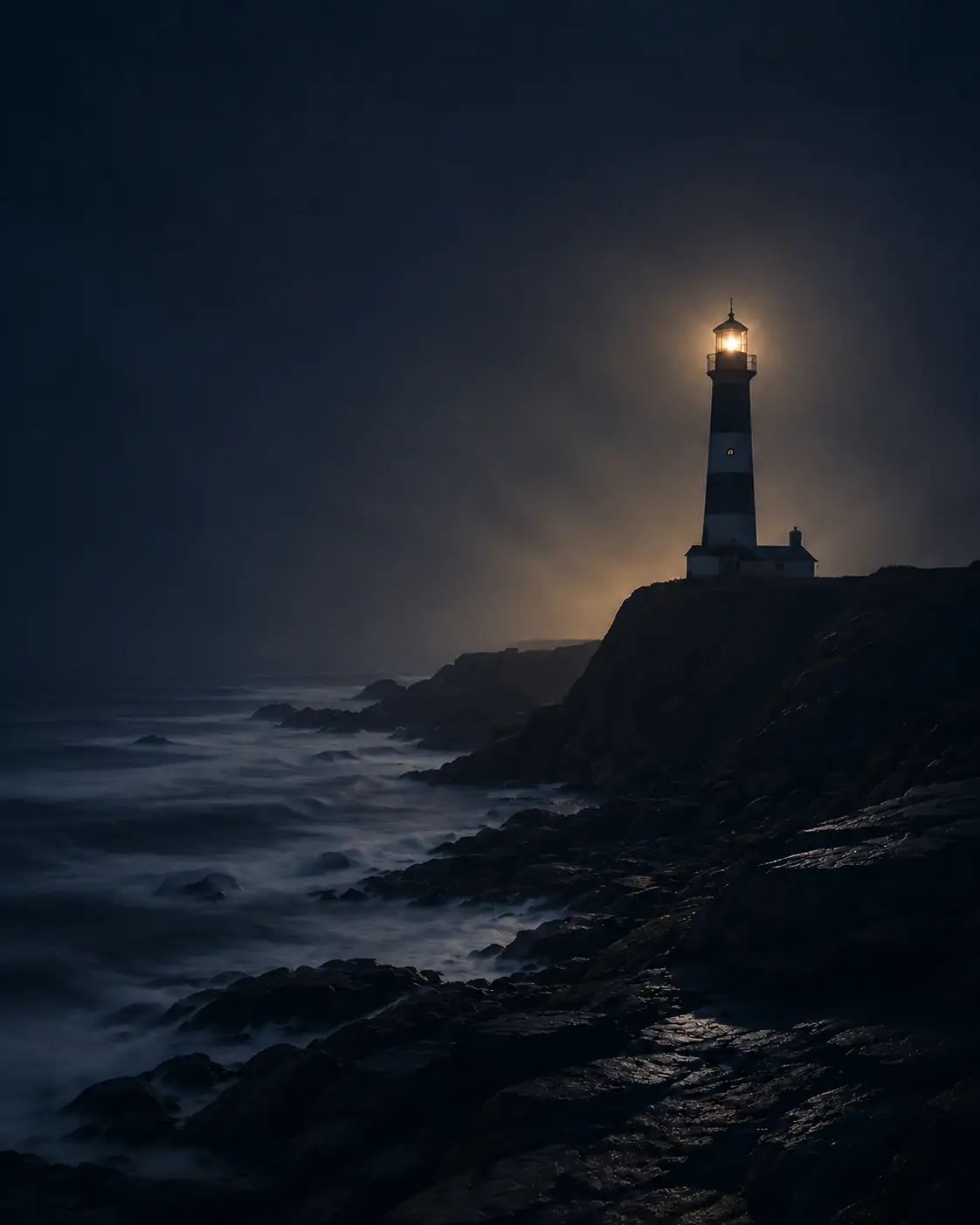 Lighthouse illuminating a dark coastline